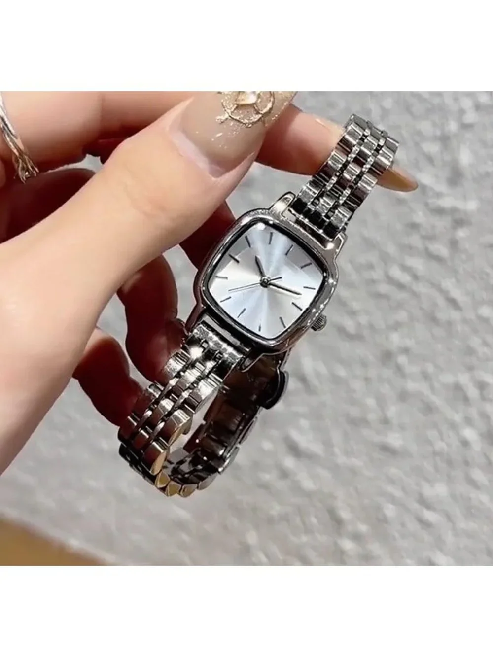 Women's Silver White Steel Strap Casual Fashion Simple Square Quartz Wrist Watch